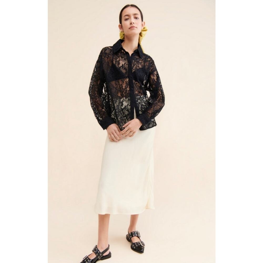 Cras Gina Lace Shirt Black Sheer Floral Lace Button Front Blouse EU 36